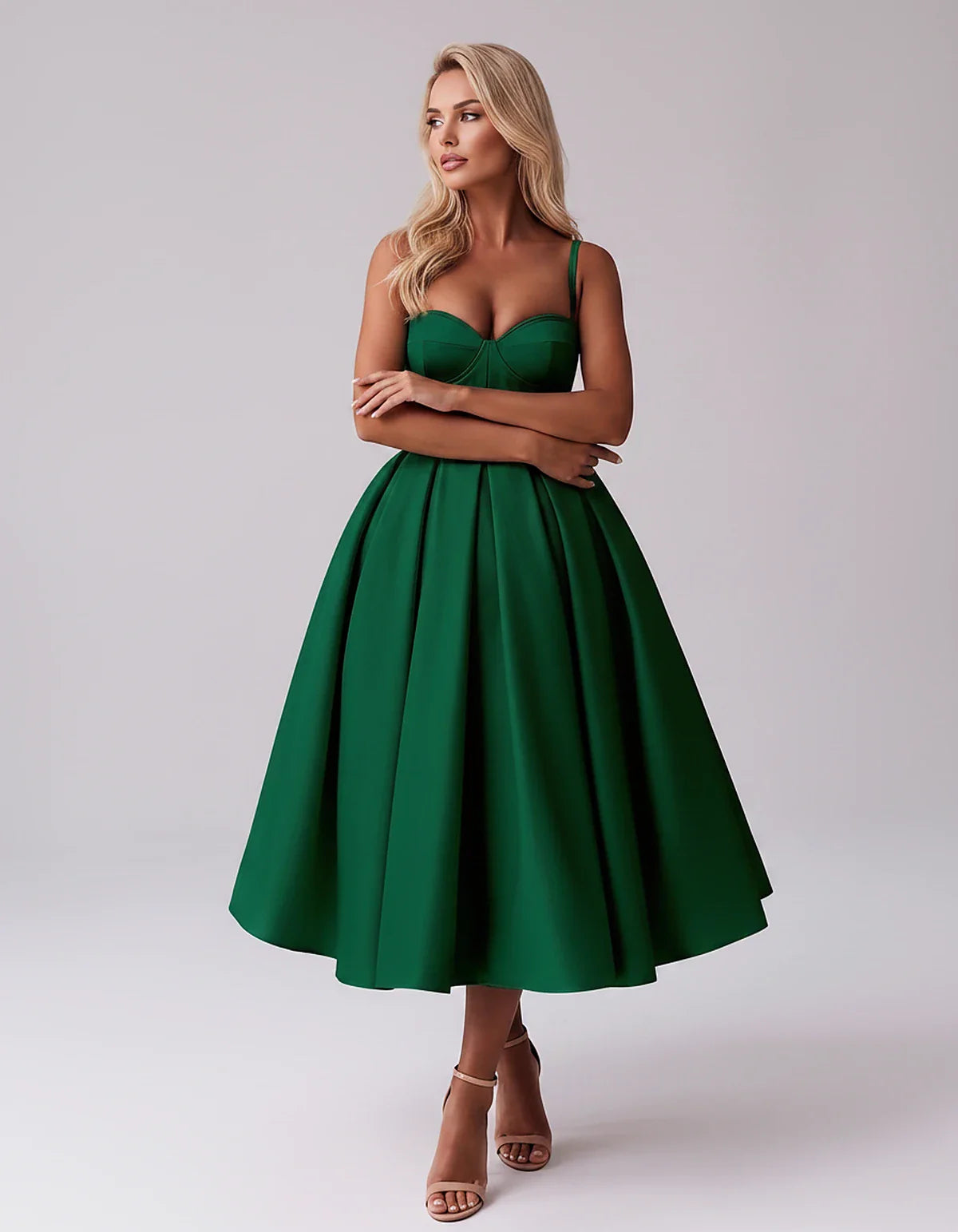 Tea Length Satin Spaghetti Strap Sweetheart A-Line Midi Dress for Party, Cocktail, Evening, Wedding Guest & Formal Events Sum | SKU: MD-482913750618392-EMERALD-L,MD-482913750618392-EMERALD-M,MD-482913750618392-EMERALD-S,MD-482913750618392-EMERALD-XL,MD-482913750618392-EMERALD-XS