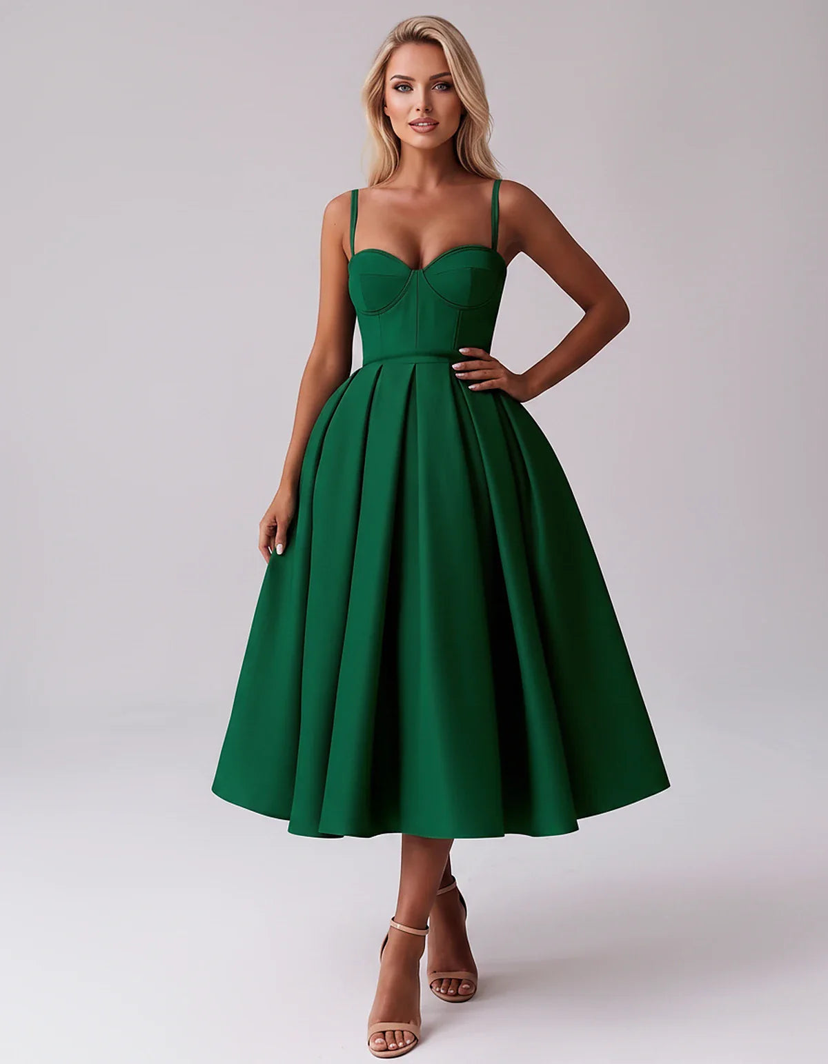 Tea Length Satin Spaghetti Strap Sweetheart A-Line Midi Dress for Party, Cocktail, Evening, Wedding Guest & Formal Events Sum | SKU: MD-482913750618392-EMERALD-L,MD-482913750618392-EMERALD-M,MD-482913750618392-EMERALD-S,MD-482913750618392-EMERALD-XL,MD-482913750618392-EMERALD-XS