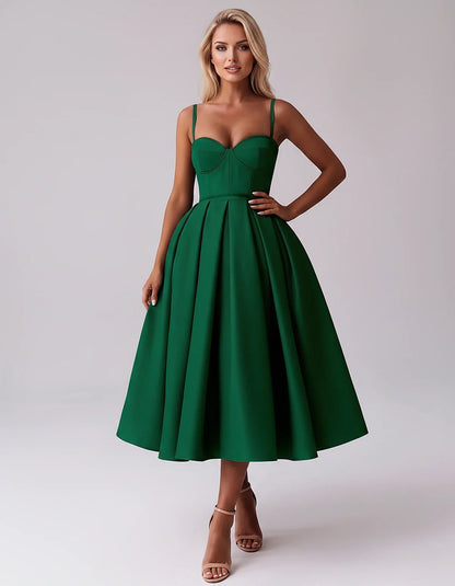 Tea Length Satin Spaghetti Strap Sweetheart A-Line Midi Dress for Party, Cocktail, Evening, Wedding Guest & Formal Events Sum | SKU: MD-482913750618392-EMERALD-L,MD-482913750618392-EMERALD-M,MD-482913750618392-EMERALD-S,MD-482913750618392-EMERALD-XL,MD-482913750618392-EMERALD-XS
