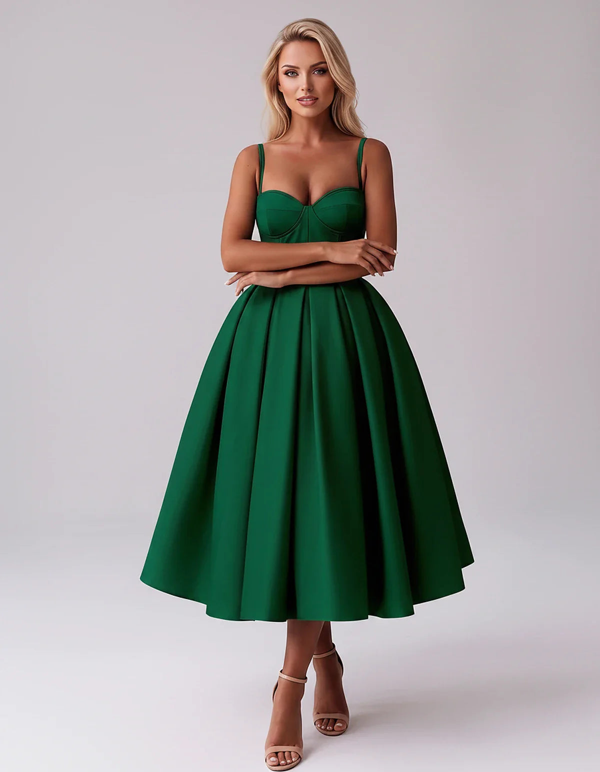 Tea Length Satin Spaghetti Strap Sweetheart A-Line Midi Dress for Party, Cocktail, Evening, Wedding Guest & Formal Events Sum | SKU: MD-482913750618392-EMERALD-L,MD-482913750618392-EMERALD-M,MD-482913750618392-EMERALD-S,MD-482913750618392-EMERALD-XL,MD-482913750618392-EMERALD-XS