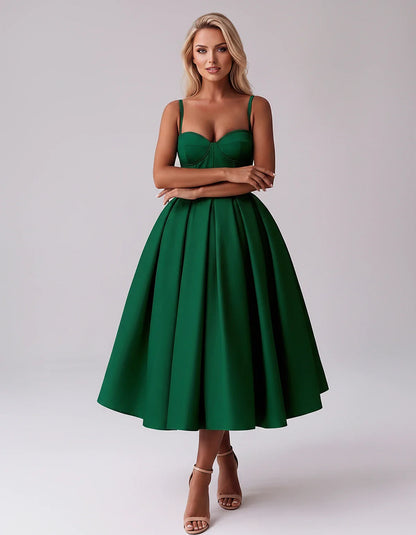 Tea Length Satin Spaghetti Strap Sweetheart A-Line Midi Dress for Party, Cocktail, Evening, Wedding Guest & Formal Events Sum | SKU: MD-482913750618392-EMERALD-L,MD-482913750618392-EMERALD-M,MD-482913750618392-EMERALD-S,MD-482913750618392-EMERALD-XL,MD-482913750618392-EMERALD-XS