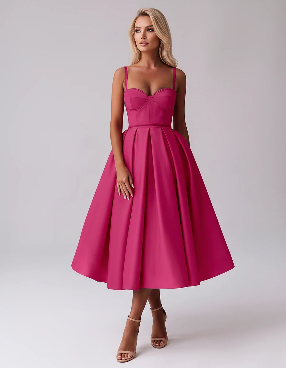 Tea Length Satin Spaghetti Strap Sweetheart A-Line Midi Dress for Party, Cocktail, Evening, Wedding Guest & Formal Events Sum | SKU: MD-482913750618392-HOTPINK-L,MD-482913750618392-HOTPINK-M,MD-482913750618392-HOTPINK-S,MD-482913750618392-HOTPINK-XL,MD-482913750618392-HOTPINK-XS