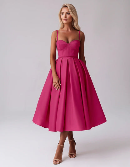 Tea Length Satin Spaghetti Strap Sweetheart A-Line Midi Dress for Party, Cocktail, Evening, Wedding Guest & Formal Events Sum | SKU: MD-482913750618392-HOTPINK-L,MD-482913750618392-HOTPINK-M,MD-482913750618392-HOTPINK-S,MD-482913750618392-HOTPINK-XL,MD-482913750618392-HOTPINK-XS