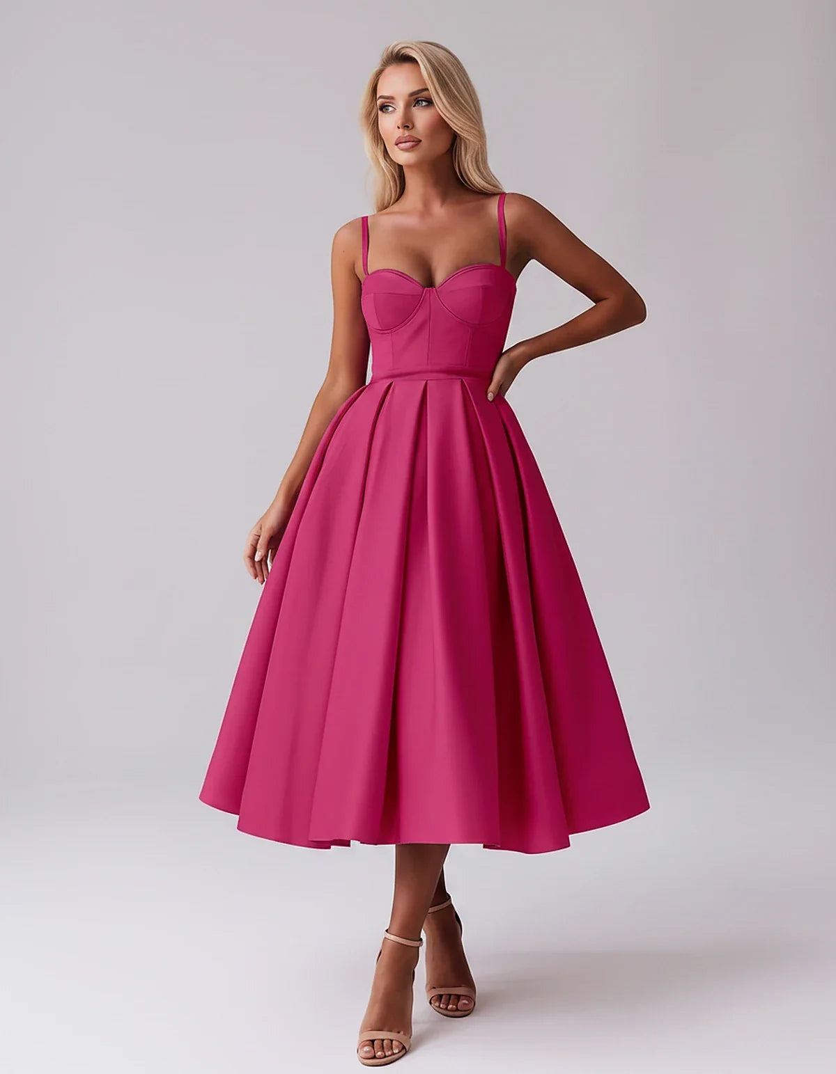 Tea Length Satin Spaghetti Strap Sweetheart A-Line Midi Dress for Party, Cocktail, Evening, Wedding Guest & Formal Events Sum | SKU: MD-482913750618392-HOTPINK-L,MD-482913750618392-HOTPINK-M,MD-482913750618392-HOTPINK-S,MD-482913750618392-HOTPINK-XL,MD-482913750618392-HOTPINK-XS