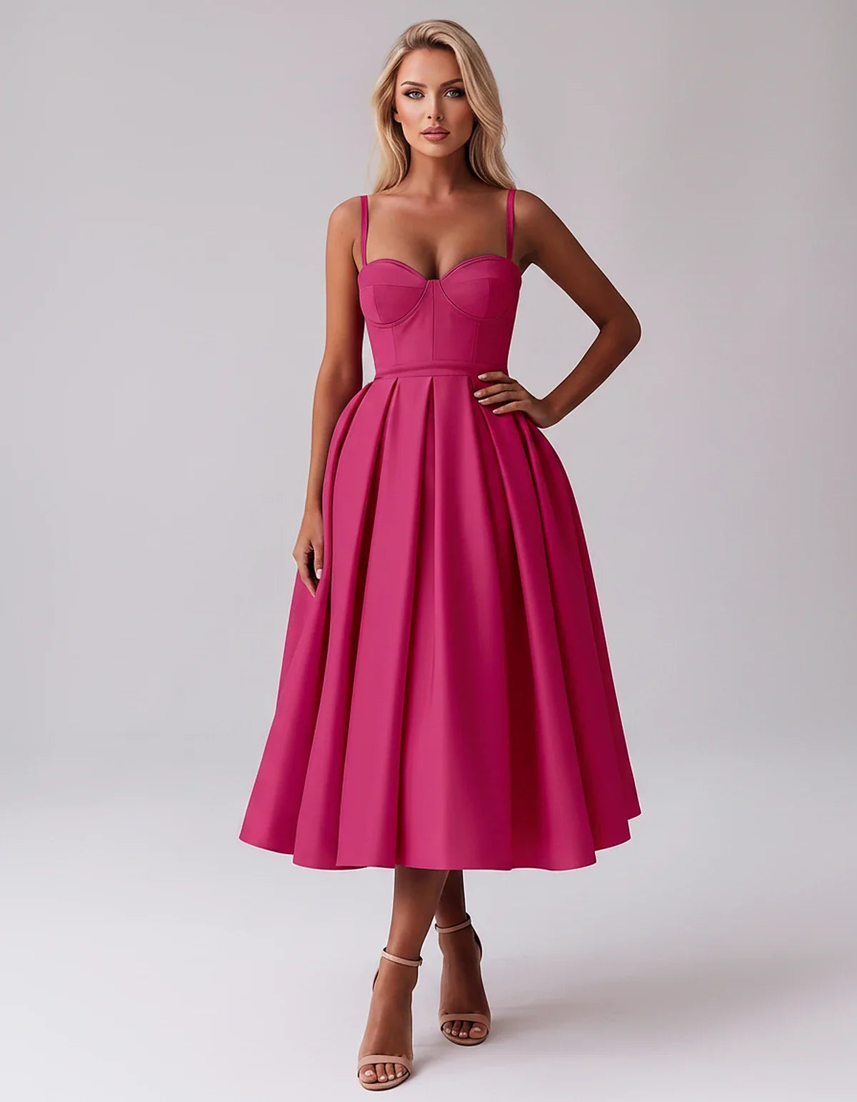 Tea Length Satin Spaghetti Strap Sweetheart A-Line Midi Dress for Party, Cocktail, Evening, Wedding Guest & Formal Events Sum | SKU: MD-482913750618392-HOTPINK-L,MD-482913750618392-HOTPINK-M,MD-482913750618392-HOTPINK-S,MD-482913750618392-HOTPINK-XL,MD-482913750618392-HOTPINK-XS