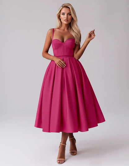 Tea Length Satin Spaghetti Strap Sweetheart A-Line Midi Dress for Party, Cocktail, Evening, Wedding Guest & Formal Events Sum | SKU: MD-482913750618392-HOTPINK-L,MD-482913750618392-HOTPINK-M,MD-482913750618392-HOTPINK-S,MD-482913750618392-HOTPINK-XL,MD-482913750618392-HOTPINK-XS