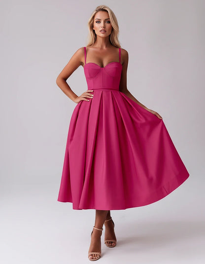 Tea Length Satin Spaghetti Strap Sweetheart A-Line Midi Dress for Party, Cocktail, Evening, Wedding Guest & Formal Events Sum | SKU: MD-482913750618392-HOTPINK-L,MD-482913750618392-HOTPINK-M,MD-482913750618392-HOTPINK-S,MD-482913750618392-HOTPINK-XL,MD-482913750618392-HOTPINK-XS
