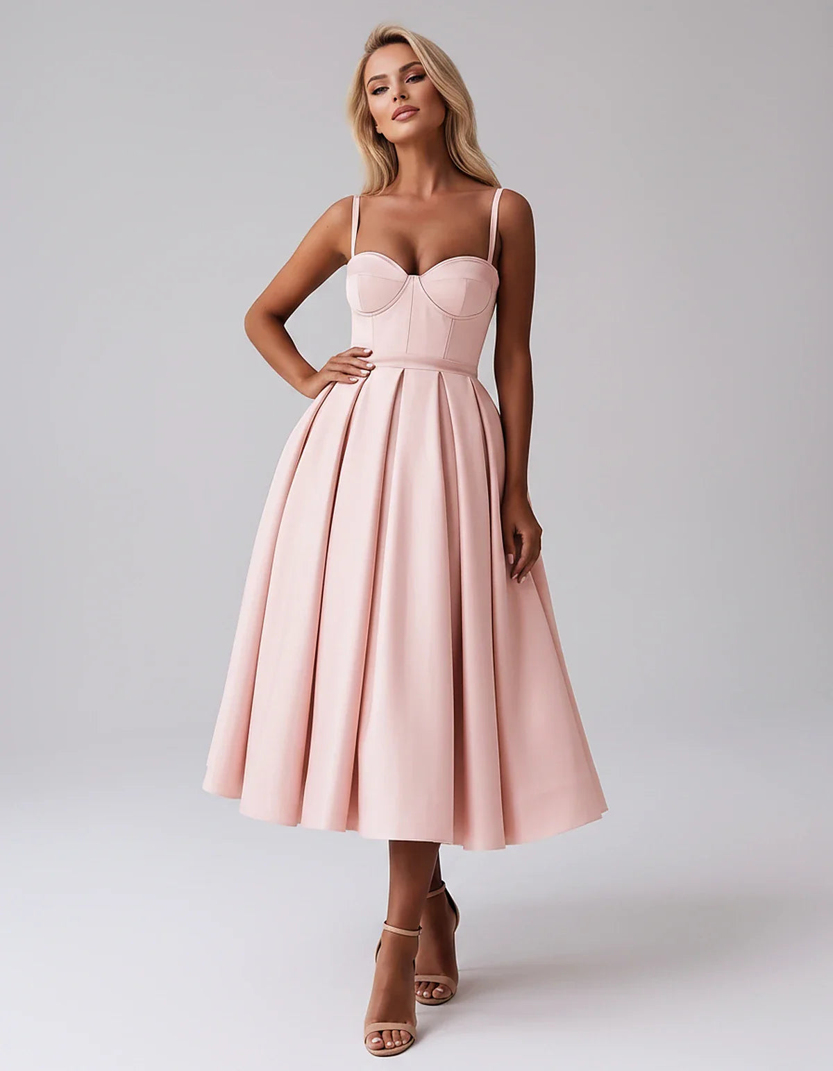 Tea Length Satin Spaghetti Strap Sweetheart A-Line Midi Dress for Party, Cocktail, Evening, Wedding Guest & Formal Events Sum | SKU: MD-482913750618392-BLUSH-L,MD-482913750618392-BLUSH-M,MD-482913750618392-BLUSH-S,MD-482913750618392-BLUSH-XL,MD-482913750618392-BLUSH-XS