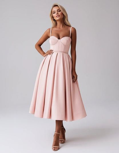 Tea Length Satin Spaghetti Strap Sweetheart A-Line Midi Dress for Party, Cocktail, Evening, Wedding Guest & Formal Events Sum | SKU: MD-482913750618392-BLUSH-L,MD-482913750618392-BLUSH-M,MD-482913750618392-BLUSH-S,MD-482913750618392-BLUSH-XL,MD-482913750618392-BLUSH-XS