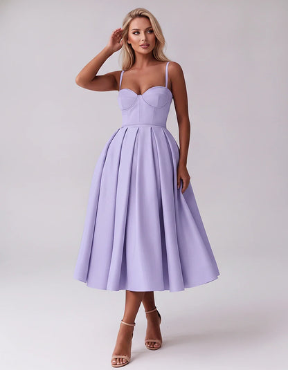 Tea Length Satin Spaghetti Strap Sweetheart A-Line Midi Dress for Party, Cocktail, Evening, Wedding Guest & Formal Events Sum | SKU: MD-482913750618392-LAVENDER-L,MD-482913750618392-LAVENDER-M,MD-482913750618392-LAVENDER-S,MD-482913750618392-LAVENDER-XL,MD-482913750618392-LAVENDER-XS
