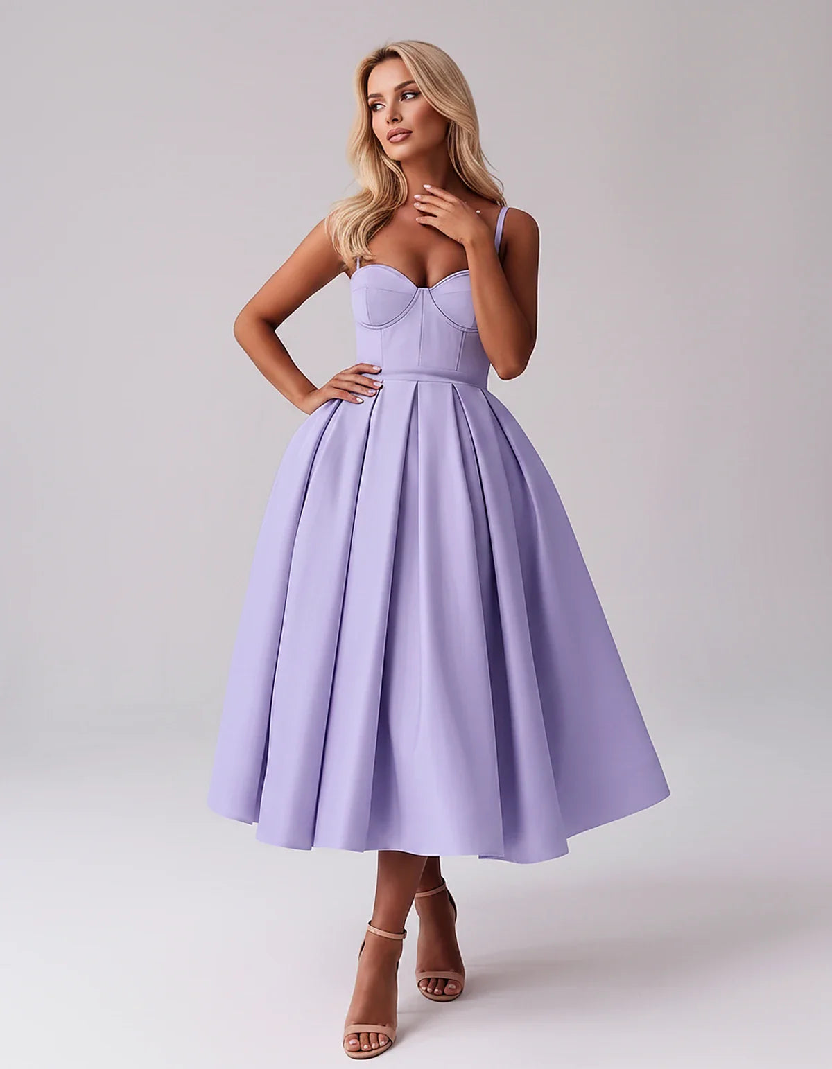 Tea Length Satin Spaghetti Strap Sweetheart A-Line Midi Dress for Party, Cocktail, Evening, Wedding Guest & Formal Events Sum | SKU: MD-482913750618392-LAVENDER-L,MD-482913750618392-LAVENDER-M,MD-482913750618392-LAVENDER-S,MD-482913750618392-LAVENDER-XL,MD-482913750618392-LAVENDER-XS