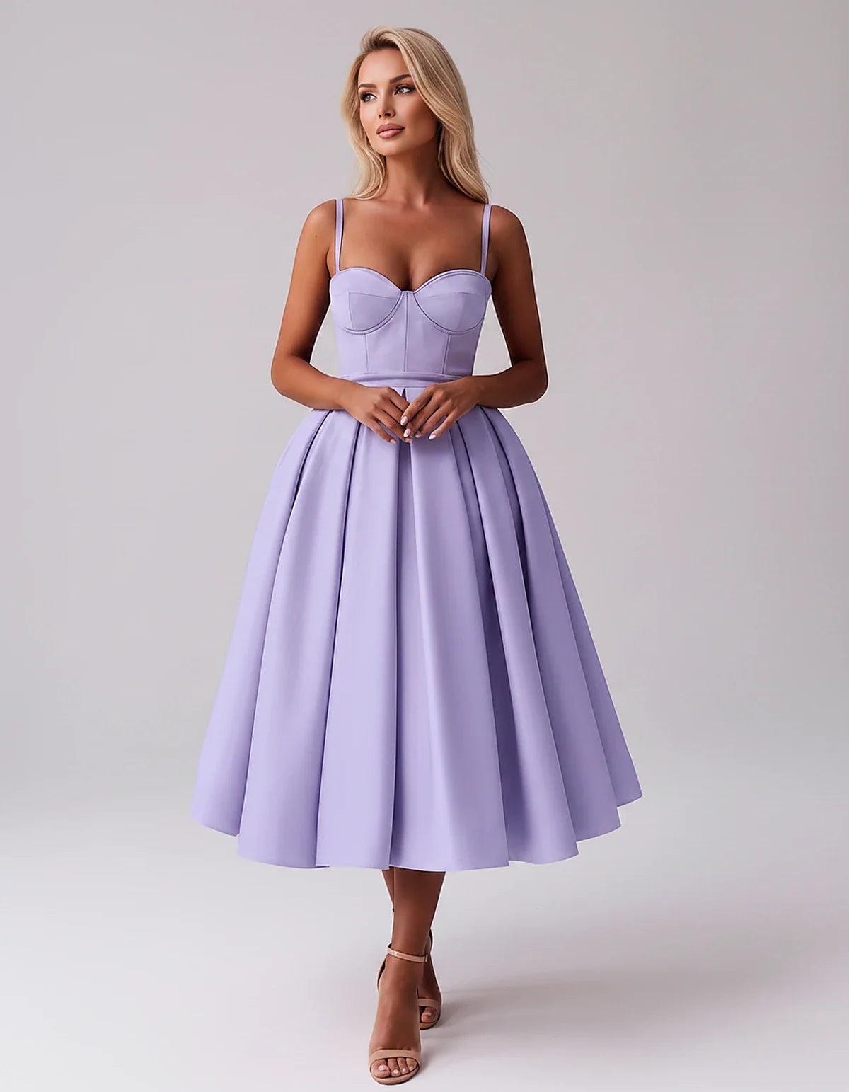 Tea Length Satin Spaghetti Strap Sweetheart A-Line Midi Dress for Party, Cocktail, Evening, Wedding Guest & Formal Events Sum | SKU: MD-482913750618392-LAVENDER-L,MD-482913750618392-LAVENDER-M,MD-482913750618392-LAVENDER-S,MD-482913750618392-LAVENDER-XL,MD-482913750618392-LAVENDER-XS