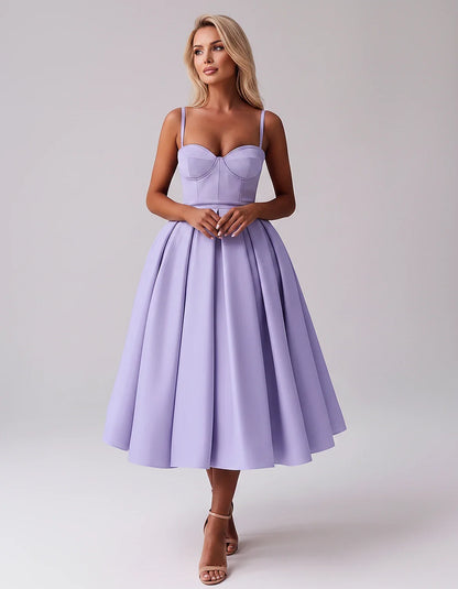 Tea Length Satin Spaghetti Strap Sweetheart A-Line Midi Dress for Party, Cocktail, Evening, Wedding Guest & Formal Events Sum | SKU: MD-482913750618392-LAVENDER-L,MD-482913750618392-LAVENDER-M,MD-482913750618392-LAVENDER-S,MD-482913750618392-LAVENDER-XL,MD-482913750618392-LAVENDER-XS