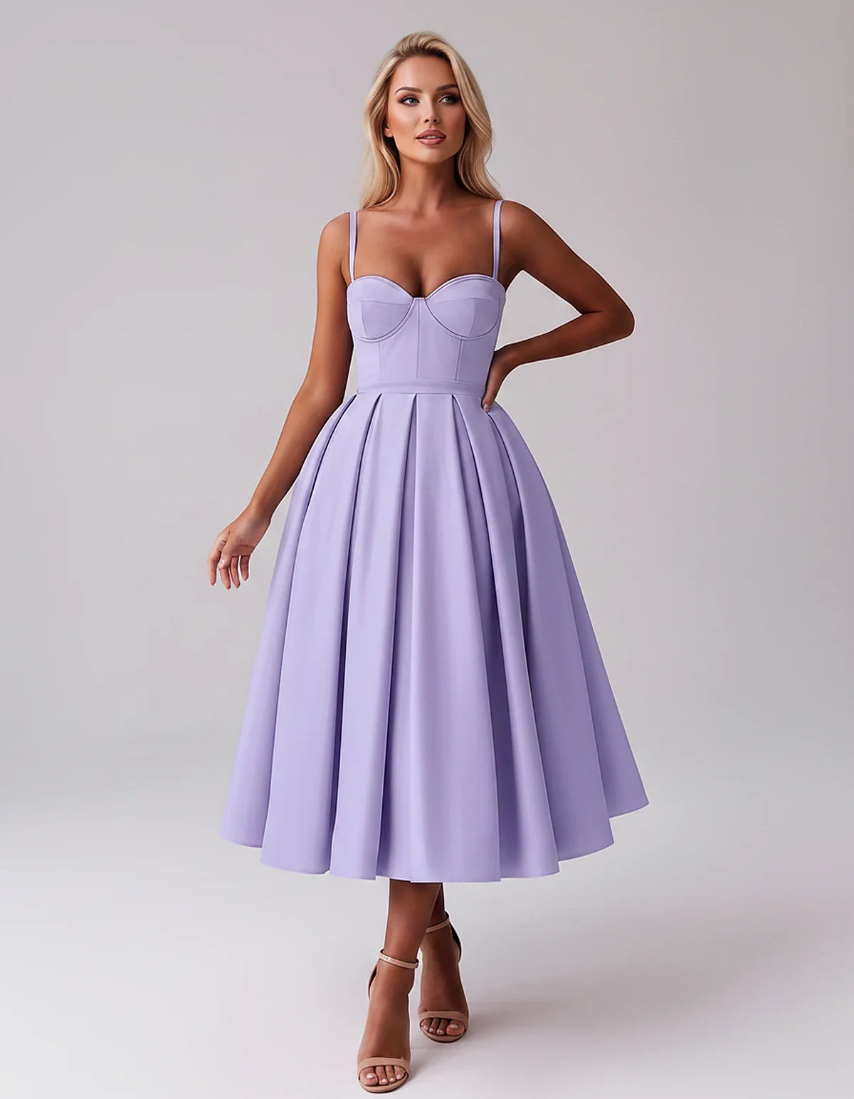 Tea Length Satin Spaghetti Strap Sweetheart A-Line Midi Dress for Party, Cocktail, Evening, Wedding Guest & Formal Events Sum | SKU: MD-482913750618392-LAVENDER-L,MD-482913750618392-LAVENDER-M,MD-482913750618392-LAVENDER-S,MD-482913750618392-LAVENDER-XL,MD-482913750618392-LAVENDER-XS