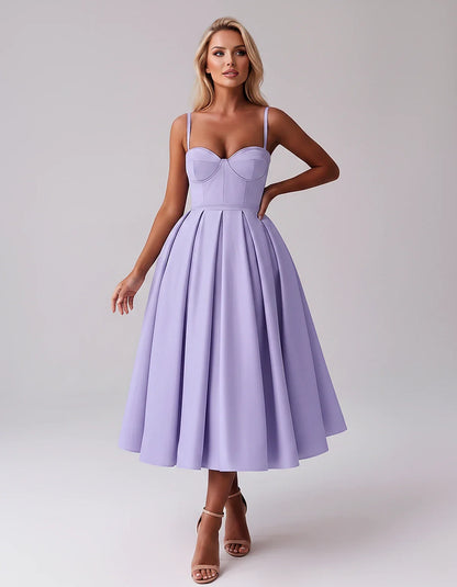 Tea Length Satin Spaghetti Strap Sweetheart A-Line Midi Dress for Party, Cocktail, Evening, Wedding Guest & Formal Events Sum | SKU: MD-482913750618392-LAVENDER-L,MD-482913750618392-LAVENDER-M,MD-482913750618392-LAVENDER-S,MD-482913750618392-LAVENDER-XL,MD-482913750618392-LAVENDER-XS