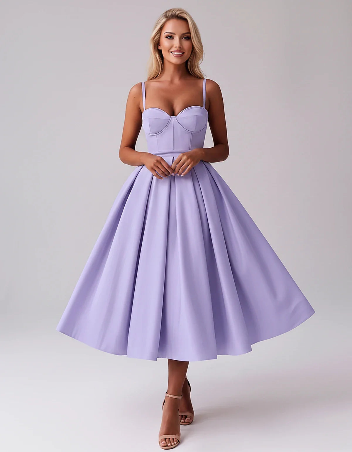 Tea Length Satin Spaghetti Strap Sweetheart A-Line Midi Dress for Party, Cocktail, Evening, Wedding Guest & Formal Events Sum | SKU: MD-482913750618392-LAVENDER-L,MD-482913750618392-LAVENDER-M,MD-482913750618392-LAVENDER-S,MD-482913750618392-LAVENDER-XL,MD-482913750618392-LAVENDER-XS