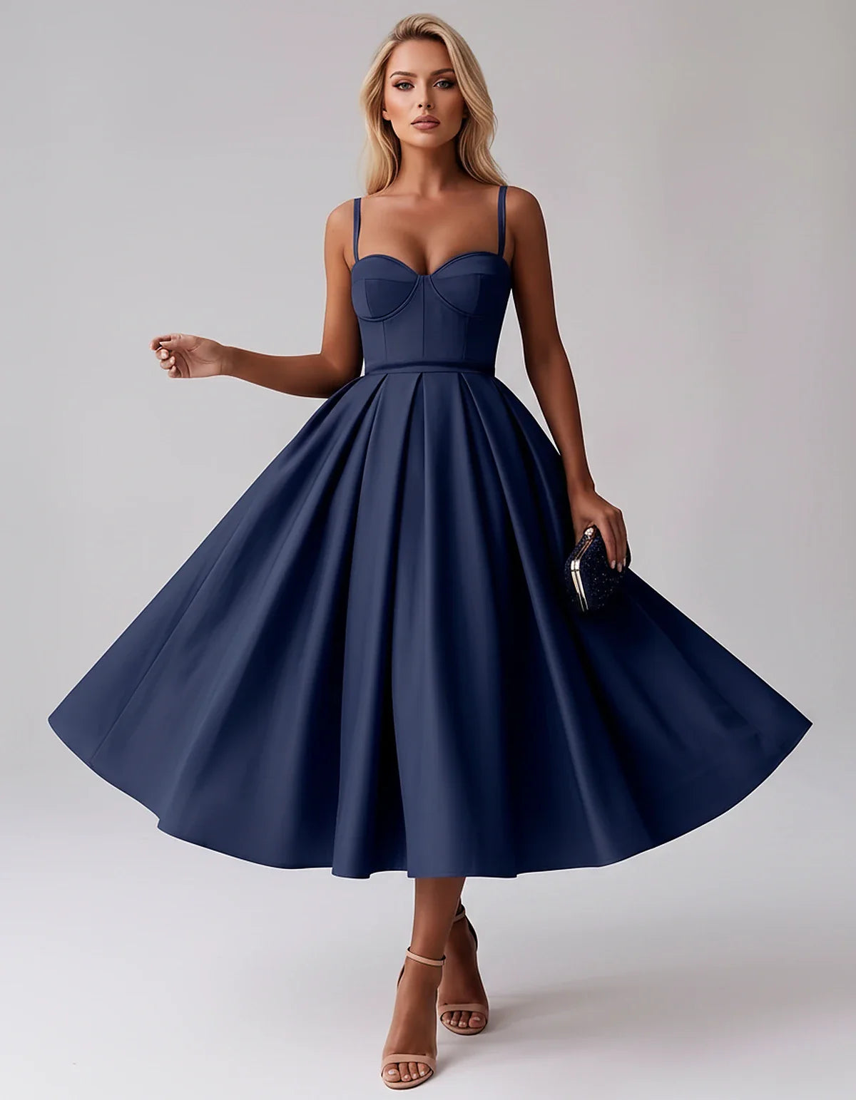 Tea Length Satin Spaghetti Strap Sweetheart A-Line Midi Dress for Party, Cocktail, Evening, Wedding Guest & Formal Events Sum | SKU: MD-482913750618392-NAVY-L,MD-482913750618392-NAVY-M,MD-482913750618392-NAVY-S,MD-482913750618392-NAVY-XL,MD-482913750618392-NAVY-XS