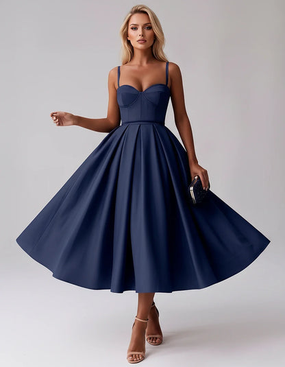 Tea Length Satin Spaghetti Strap Sweetheart A-Line Midi Dress for Party, Cocktail, Evening, Wedding Guest & Formal Events Sum | SKU: MD-482913750618392-NAVY-L,MD-482913750618392-NAVY-M,MD-482913750618392-NAVY-S,MD-482913750618392-NAVY-XL,MD-482913750618392-NAVY-XS
