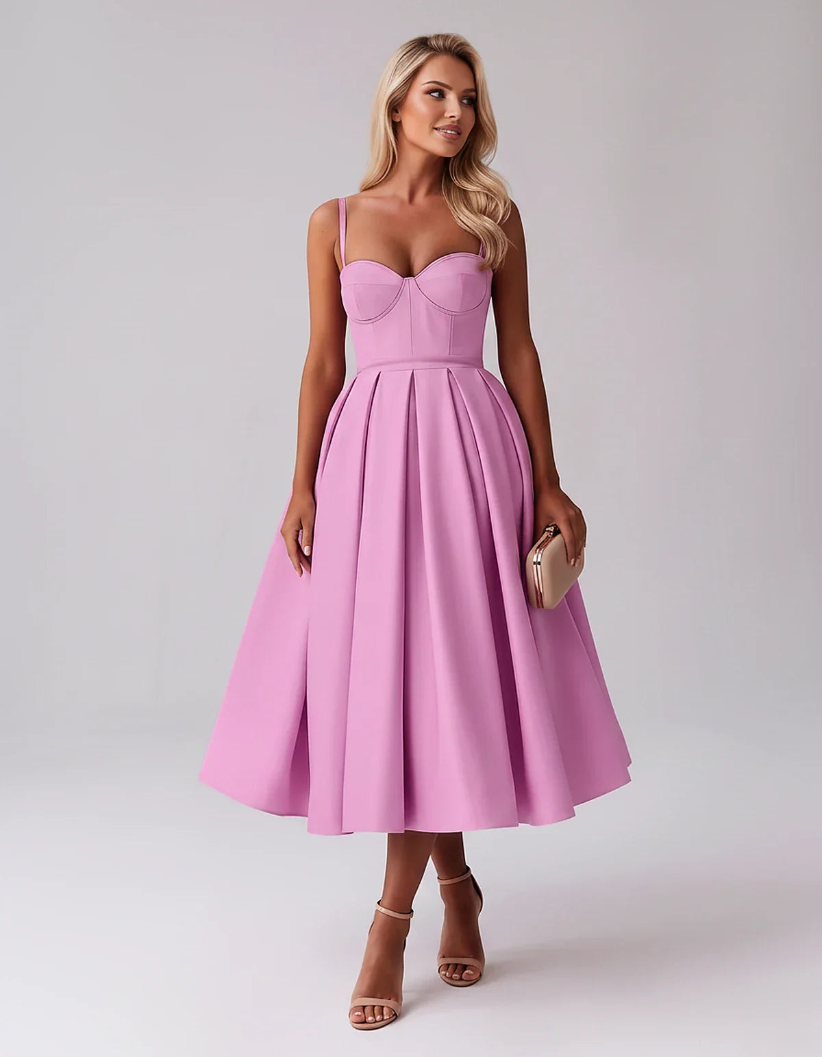 Tea Length Satin Spaghetti Strap Sweetheart A-Line Midi Dress for Party, Cocktail, Evening, Wedding Guest & Formal Events Sum | SKU: MD-482913750618392-LILAC-L,MD-482913750618392-LILAC-M,MD-482913750618392-LILAC-S,MD-482913750618392-LILAC-XL,MD-482913750618392-LILAC-XS