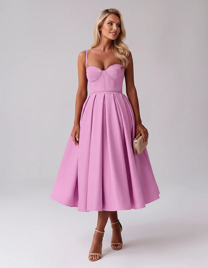 Tea Length Satin Spaghetti Strap Sweetheart A-Line Midi Dress for Party, Cocktail, Evening, Wedding Guest & Formal Events Sum | SKU: MD-482913750618392-LILAC-L,MD-482913750618392-LILAC-M,MD-482913750618392-LILAC-S,MD-482913750618392-LILAC-XL,MD-482913750618392-LILAC-XS