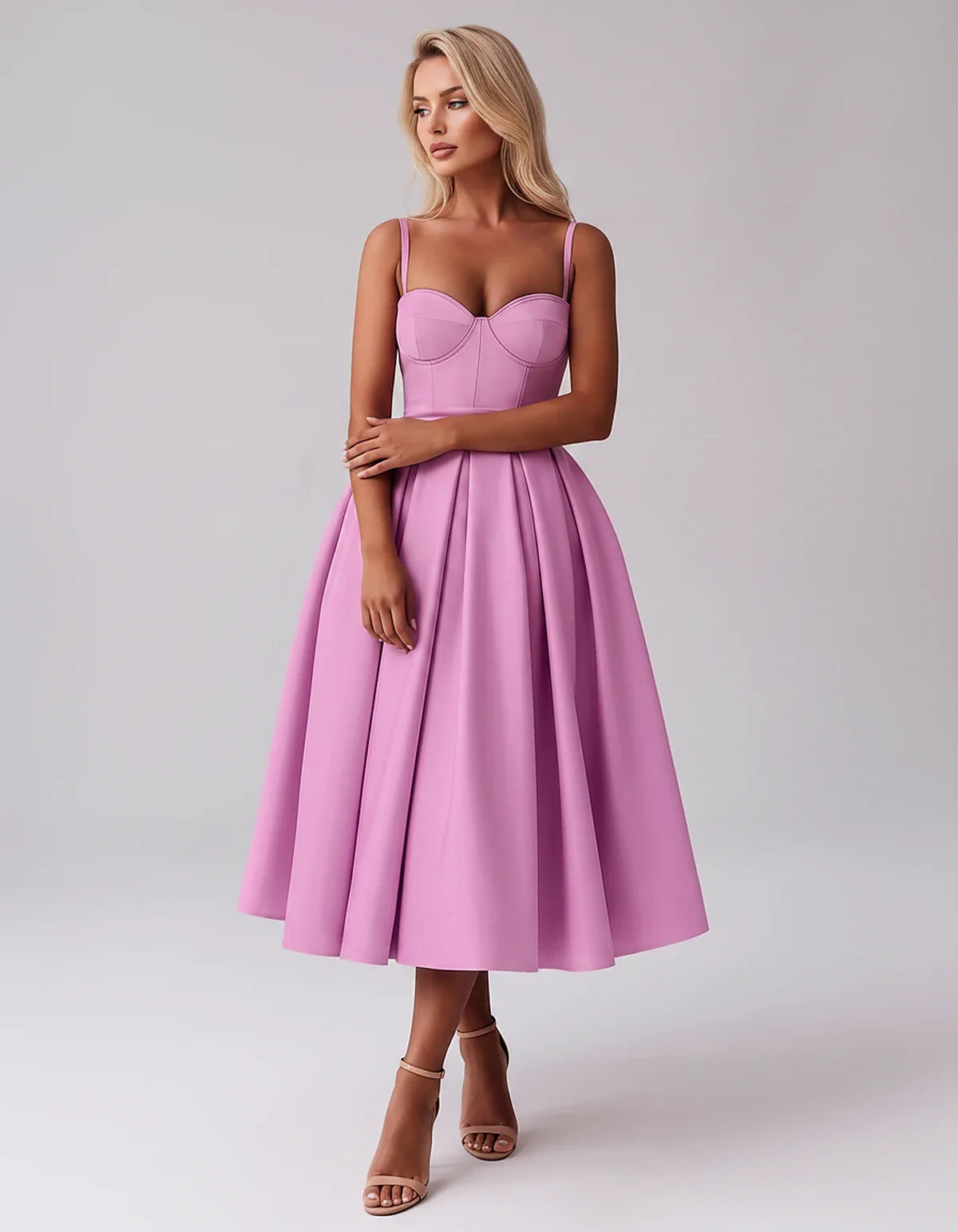 Tea Length Satin Spaghetti Strap Sweetheart A-Line Midi Dress for Party, Cocktail, Evening, Wedding Guest & Formal Events Sum | SKU: MD-482913750618392-LILAC-L,MD-482913750618392-LILAC-M,MD-482913750618392-LILAC-S,MD-482913750618392-LILAC-XL,MD-482913750618392-LILAC-XS
