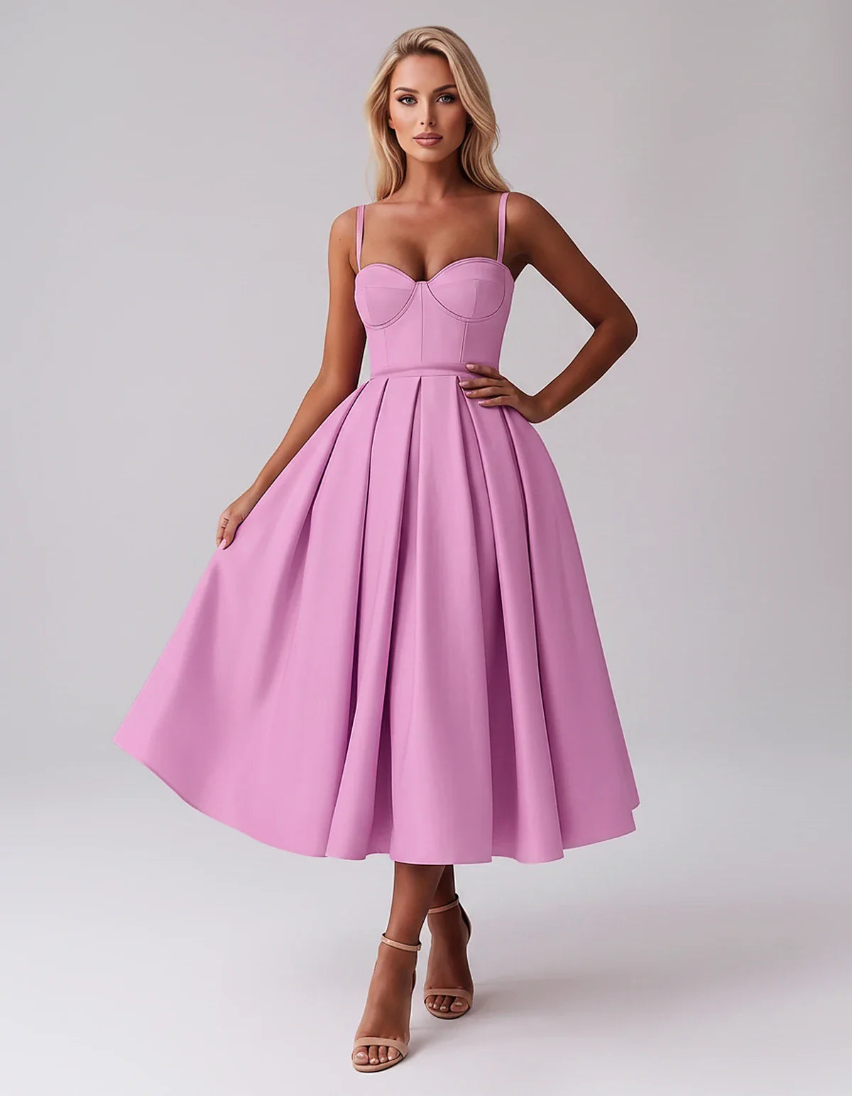 Tea Length Satin Spaghetti Strap Sweetheart A-Line Midi Dress for Party, Cocktail, Evening, Wedding Guest & Formal Events Sum | SKU: MD-482913750618392-LILAC-L,MD-482913750618392-LILAC-M,MD-482913750618392-LILAC-S,MD-482913750618392-LILAC-XL,MD-482913750618392-LILAC-XS