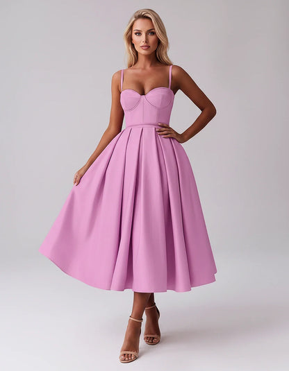 Tea Length Satin Spaghetti Strap Sweetheart A-Line Midi Dress for Party, Cocktail, Evening, Wedding Guest & Formal Events Sum | SKU: MD-482913750618392-LILAC-L,MD-482913750618392-LILAC-M,MD-482913750618392-LILAC-S,MD-482913750618392-LILAC-XL,MD-482913750618392-LILAC-XS