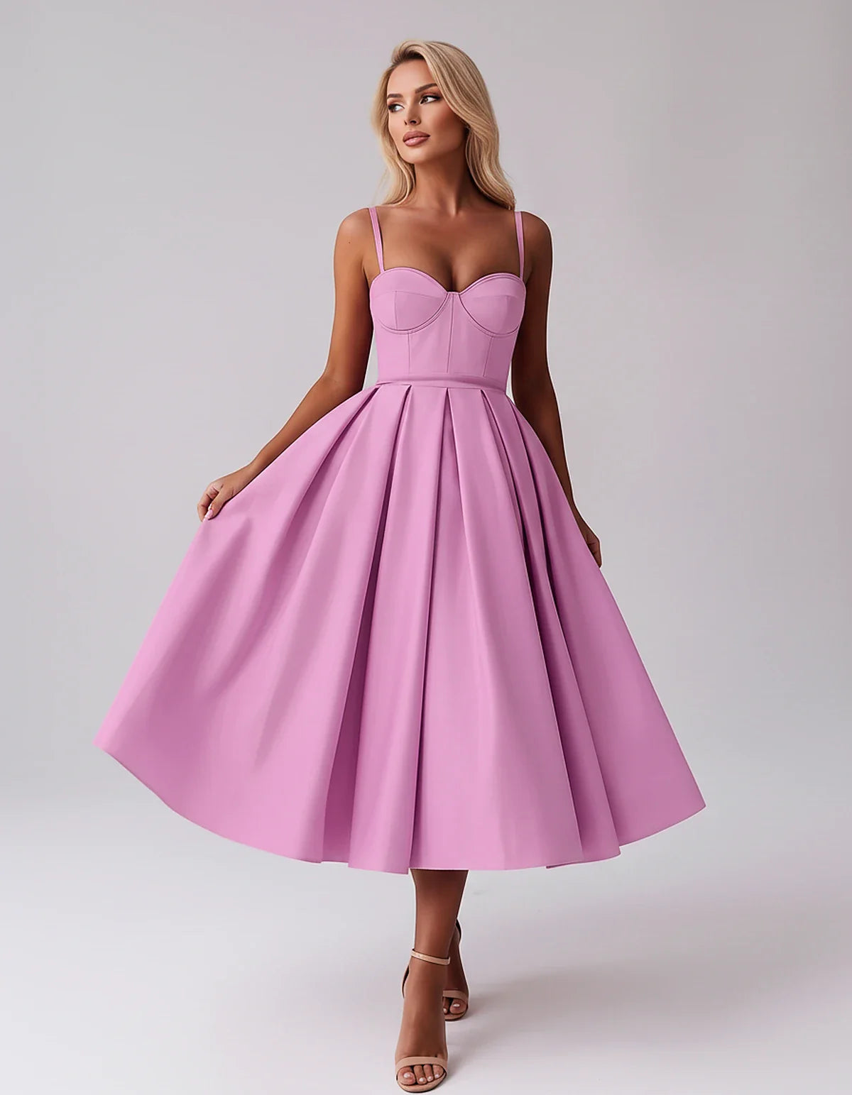 Tea Length Satin Spaghetti Strap Sweetheart A-Line Midi Dress for Party, Cocktail, Evening, Wedding Guest & Formal Events Sum | SKU: MD-482913750618392-LILAC-L,MD-482913750618392-LILAC-M,MD-482913750618392-LILAC-S,MD-482913750618392-LILAC-XL,MD-482913750618392-LILAC-XS