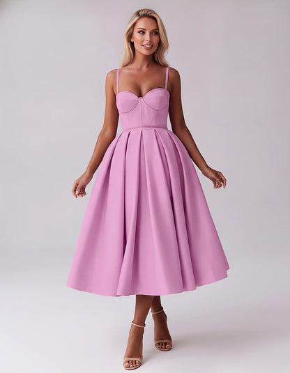 Tea Length Satin Spaghetti Strap Sweetheart A-Line Midi Dress for Party, Cocktail, Evening, Wedding Guest & Formal Events Sum | SKU: MD-482913750618392-LILAC-L,MD-482913750618392-LILAC-M,MD-482913750618392-LILAC-S,MD-482913750618392-LILAC-XL,MD-482913750618392-LILAC-XS