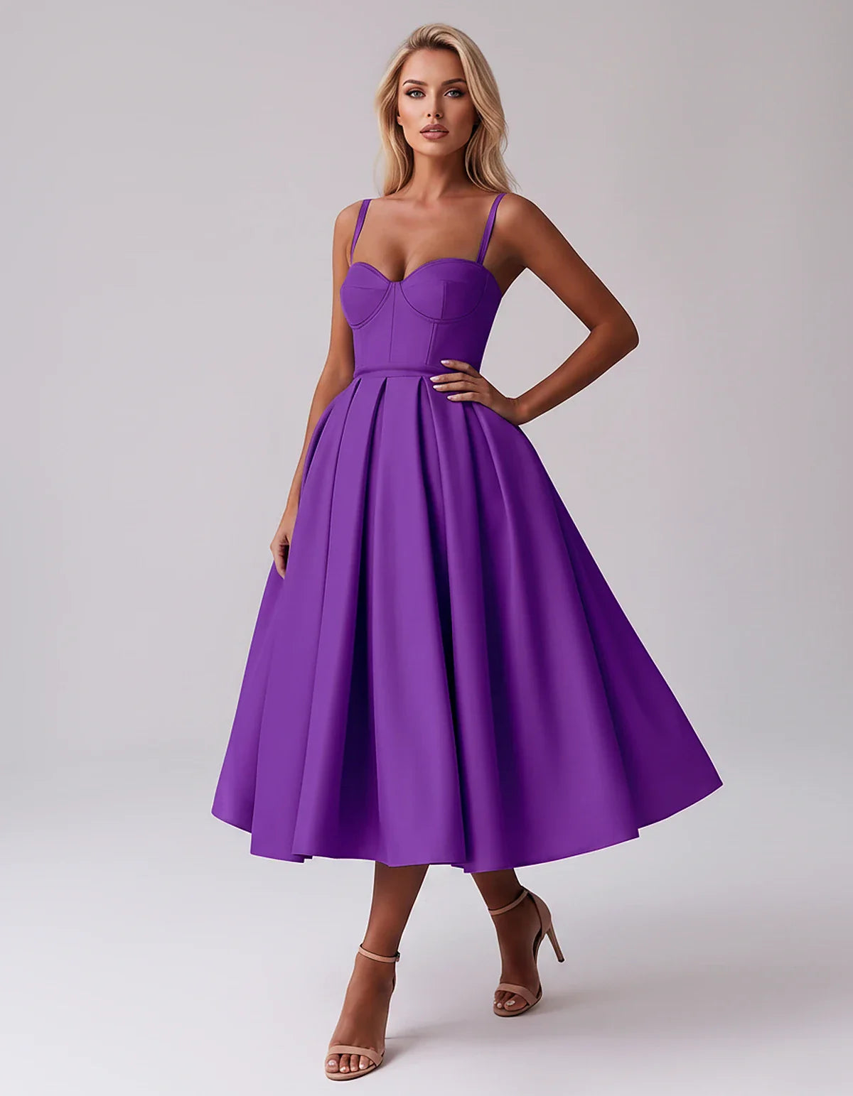 Tea Length Satin Spaghetti Strap Sweetheart A-Line Midi Dress for Party, Cocktail, Evening, Wedding Guest & Formal Events Sum | SKU: MD-482913750618392-PURPLE-L,MD-482913750618392-PURPLE-M,MD-482913750618392-PURPLE-S,MD-482913750618392-PURPLE-XL,MD-482913750618392-PURPLE-XS