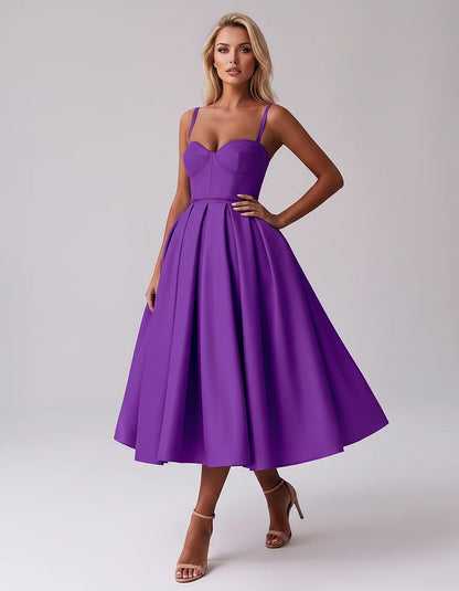 Tea Length Satin Spaghetti Strap Sweetheart A-Line Midi Dress for Party, Cocktail, Evening, Wedding Guest & Formal Events Sum | SKU: MD-482913750618392-PURPLE-L,MD-482913750618392-PURPLE-M,MD-482913750618392-PURPLE-S,MD-482913750618392-PURPLE-XL,MD-482913750618392-PURPLE-XS