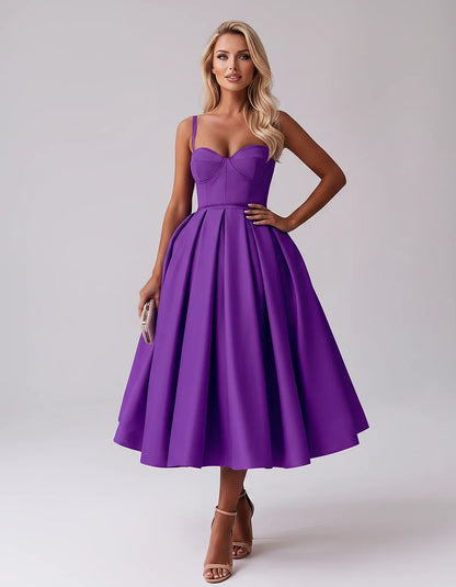 Tea Length Satin Spaghetti Strap Sweetheart A-Line Midi Dress for Party, Cocktail, Evening, Wedding Guest & Formal Events Sum | SKU: MD-482913750618392-PURPLE-L,MD-482913750618392-PURPLE-M,MD-482913750618392-PURPLE-S,MD-482913750618392-PURPLE-XL,MD-482913750618392-PURPLE-XS