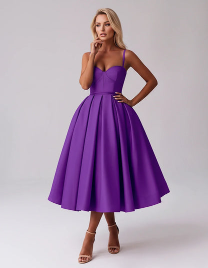 Tea Length Satin Spaghetti Strap Sweetheart A-Line Midi Dress for Party, Cocktail, Evening, Wedding Guest & Formal Events Sum | SKU: MD-482913750618392-PURPLE-L,MD-482913750618392-PURPLE-M,MD-482913750618392-PURPLE-S,MD-482913750618392-PURPLE-XL,MD-482913750618392-PURPLE-XS