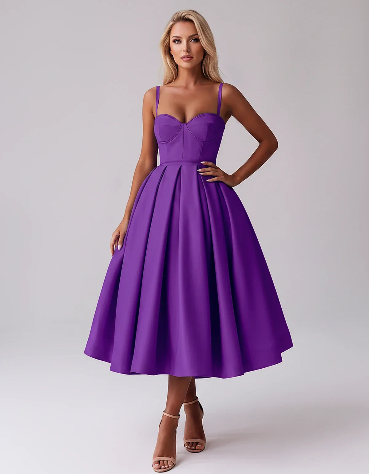 Tea Length Satin Spaghetti Strap Sweetheart A-Line Midi Dress for Party, Cocktail, Evening, Wedding Guest & Formal Events Sum | SKU: MD-482913750618392-PURPLE-L,MD-482913750618392-PURPLE-M,MD-482913750618392-PURPLE-S,MD-482913750618392-PURPLE-XL,MD-482913750618392-PURPLE-XS