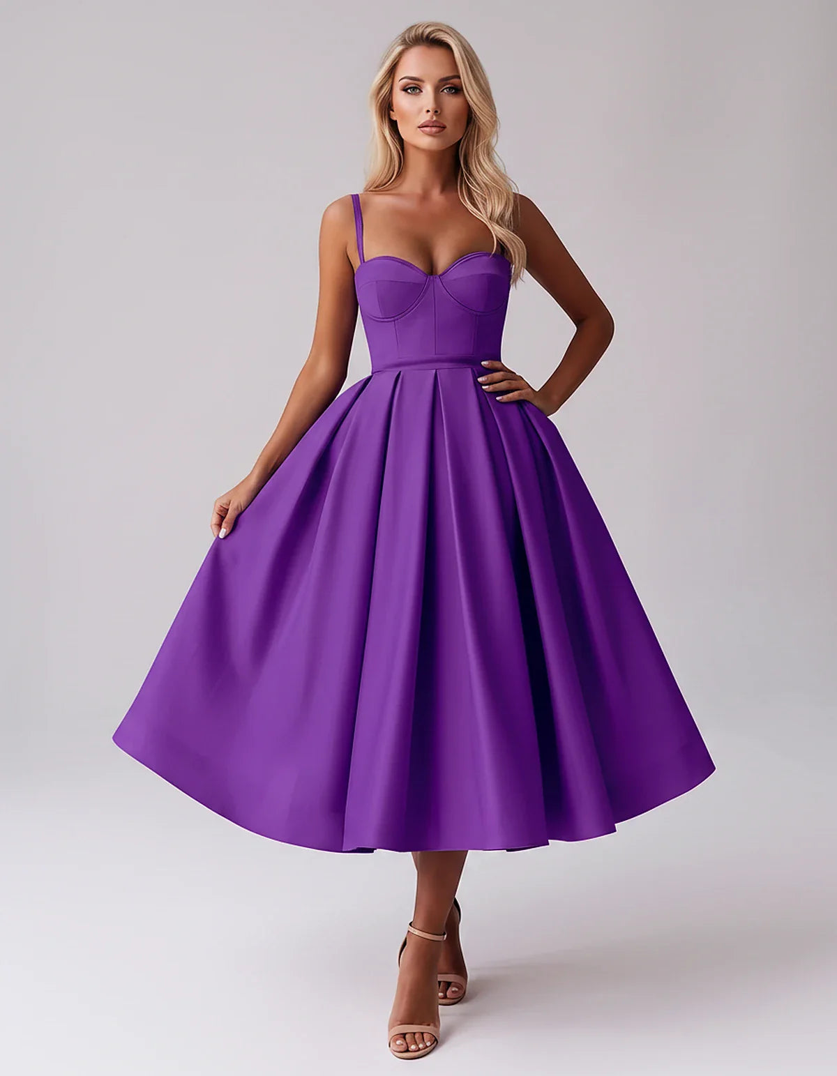 Tea Length Satin Spaghetti Strap Sweetheart A-Line Midi Dress for Party, Cocktail, Evening, Wedding Guest & Formal Events Sum | SKU: MD-482913750618392-PURPLE-L,MD-482913750618392-PURPLE-M,MD-482913750618392-PURPLE-S,MD-482913750618392-PURPLE-XL,MD-482913750618392-PURPLE-XS