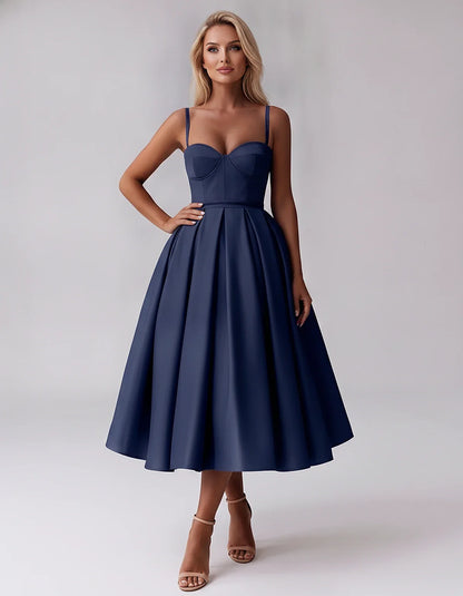 Tea Length Satin Spaghetti Strap Sweetheart A-Line Midi Dress for Party, Cocktail, Evening, Wedding Guest & Formal Events Sum | SKU: MD-482913750618392-NAVY-L,MD-482913750618392-NAVY-M,MD-482913750618392-NAVY-S,MD-482913750618392-NAVY-XL,MD-482913750618392-NAVY-XS