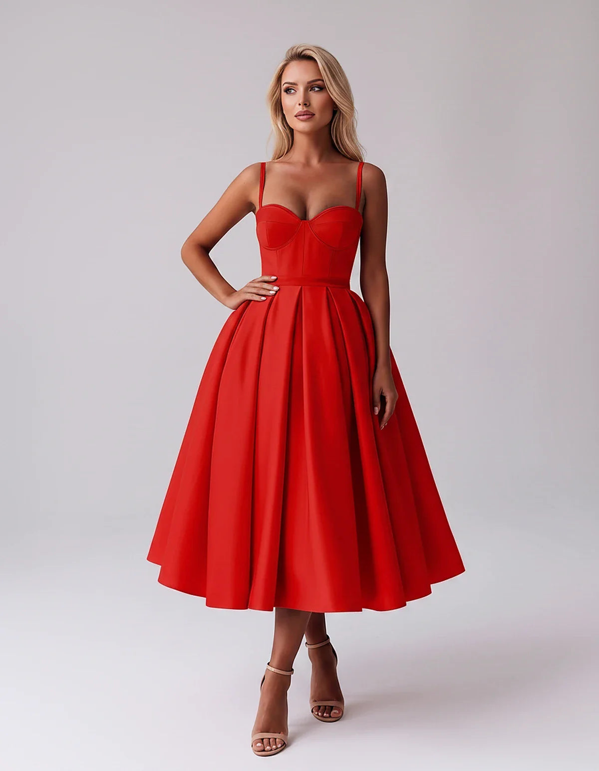 Tea Length Satin Spaghetti Strap Sweetheart A-Line Midi Dress for Party, Cocktail, Evening, Wedding Guest & Formal Events Sum | SKU: MD-482913750618392-RED-L,MD-482913750618392-RED-M,MD-482913750618392-RED-S,MD-482913750618392-RED-XL,MD-482913750618392-RED-XS