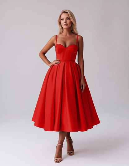 Tea Length Satin Spaghetti Strap Sweetheart A-Line Midi Dress for Party, Cocktail, Evening, Wedding Guest & Formal Events Sum | SKU: MD-482913750618392-RED-L,MD-482913750618392-RED-M,MD-482913750618392-RED-S,MD-482913750618392-RED-XL,MD-482913750618392-RED-XS