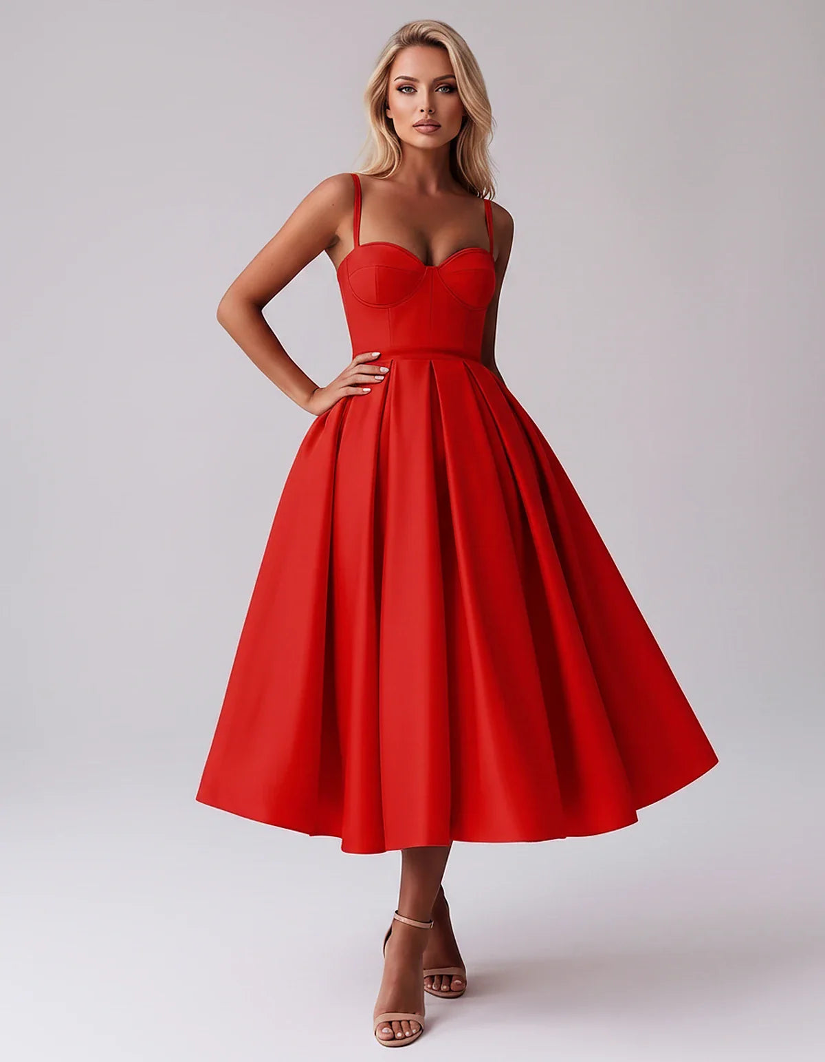 Tea Length Satin Spaghetti Strap Sweetheart A-Line Midi Dress for Party, Cocktail, Evening, Wedding Guest & Formal Events Sum | SKU: MD-482913750618392-RED-L,MD-482913750618392-RED-M,MD-482913750618392-RED-S,MD-482913750618392-RED-XL,MD-482913750618392-RED-XS