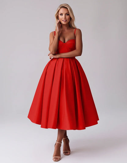 Tea Length Satin Spaghetti Strap Sweetheart A-Line Midi Dress for Party, Cocktail, Evening, Wedding Guest & Formal Events Sum | SKU: MD-482913750618392-RED-L,MD-482913750618392-RED-M,MD-482913750618392-RED-S,MD-482913750618392-RED-XL,MD-482913750618392-RED-XS