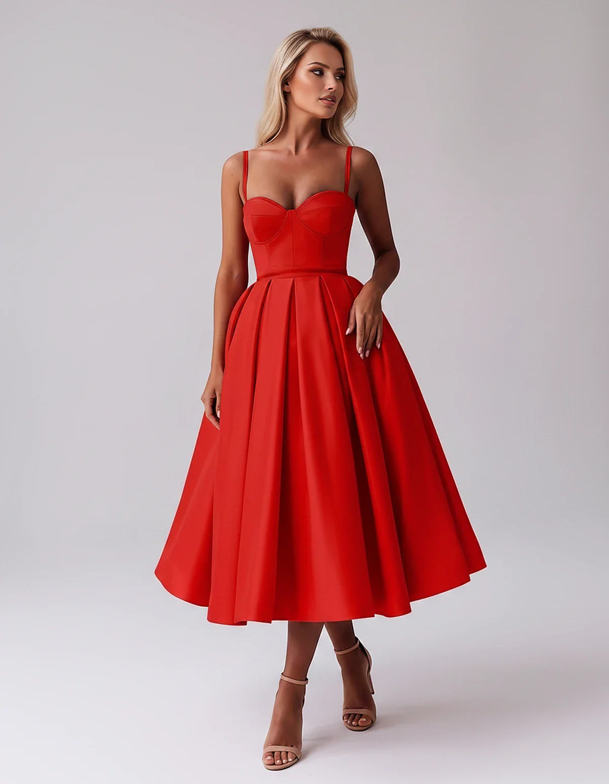 Tea Length Satin Spaghetti Strap Sweetheart A-Line Midi Dress for Party, Cocktail, Evening, Wedding Guest & Formal Events Sum | SKU: MD-482913750618392-RED-L,MD-482913750618392-RED-M,MD-482913750618392-RED-S,MD-482913750618392-RED-XL,MD-482913750618392-RED-XS
