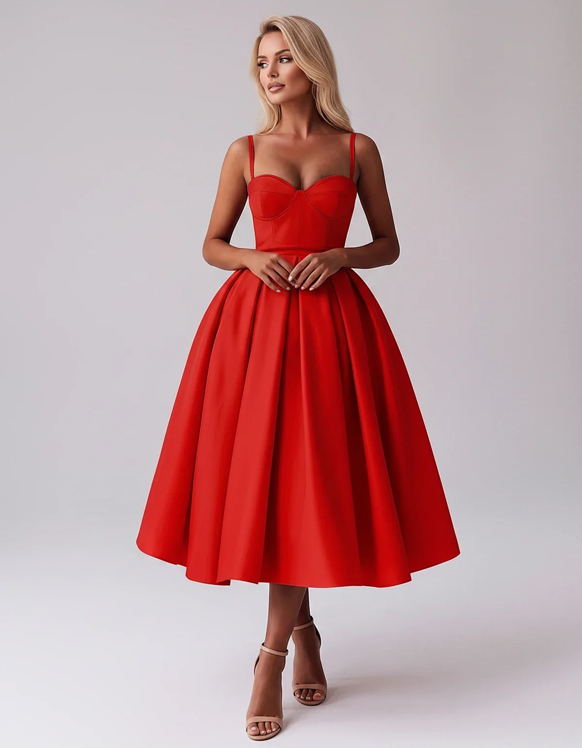 Tea Length Satin Spaghetti Strap Sweetheart A-Line Midi Dress for Party, Cocktail, Evening, Wedding Guest & Formal Events Sum | SKU: MD-482913750618392-RED-L,MD-482913750618392-RED-M,MD-482913750618392-RED-S,MD-482913750618392-RED-XL,MD-482913750618392-RED-XS
