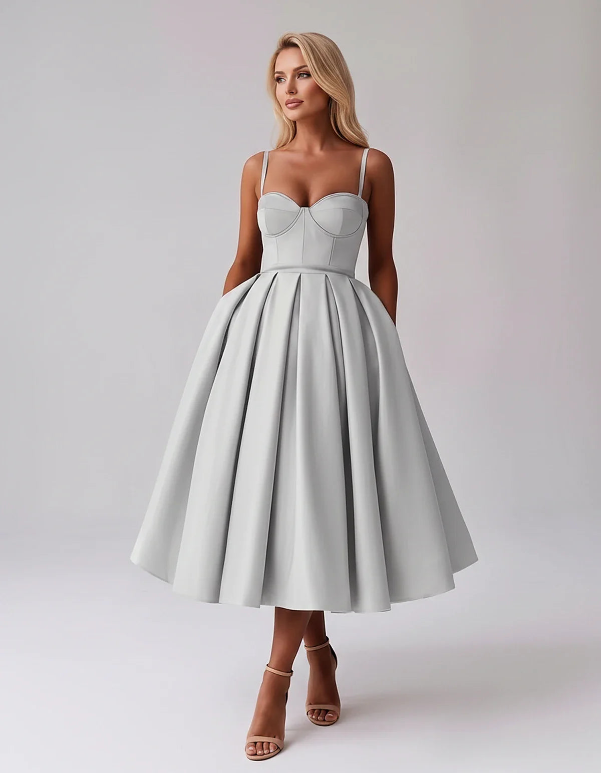Tea Length Satin Spaghetti Strap Sweetheart A-Line Midi Dress for Party, Cocktail, Evening, Wedding Guest & Formal Events Sum | SKU: MD-482913750618392-SILVER-L,MD-482913750618392-SILVER-M,MD-482913750618392-SILVER-S,MD-482913750618392-SILVER-XL,MD-482913750618392-SILVER-XS