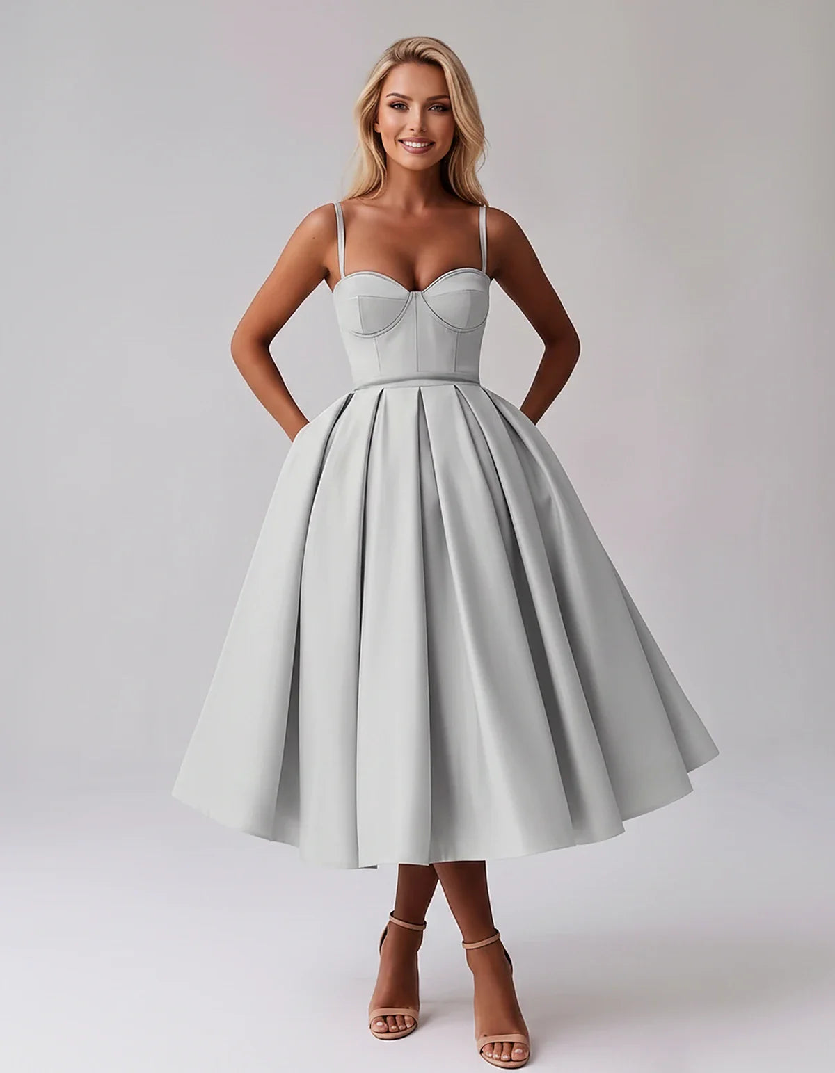 Tea Length Satin Spaghetti Strap Sweetheart A-Line Midi Dress for Party, Cocktail, Evening, Wedding Guest & Formal Events Sum | SKU: MD-482913750618392-SILVER-L,MD-482913750618392-SILVER-M,MD-482913750618392-SILVER-S,MD-482913750618392-SILVER-XL,MD-482913750618392-SILVER-XS