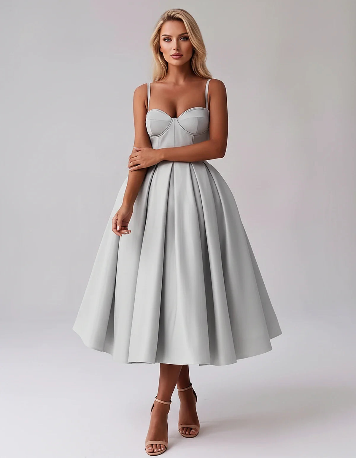 Tea Length Satin Spaghetti Strap Sweetheart A-Line Midi Dress for Party, Cocktail, Evening, Wedding Guest & Formal Events Sum | SKU: MD-482913750618392-SILVER-L,MD-482913750618392-SILVER-M,MD-482913750618392-SILVER-S,MD-482913750618392-SILVER-XL,MD-482913750618392-SILVER-XS