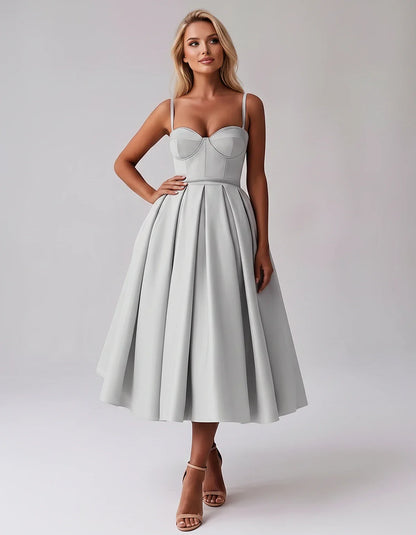 Tea Length Satin Spaghetti Strap Sweetheart A-Line Midi Dress for Party, Cocktail, Evening, Wedding Guest & Formal Events Sum | SKU: MD-482913750618392-SILVER-L,MD-482913750618392-SILVER-M,MD-482913750618392-SILVER-S,MD-482913750618392-SILVER-XL,MD-482913750618392-SILVER-XS