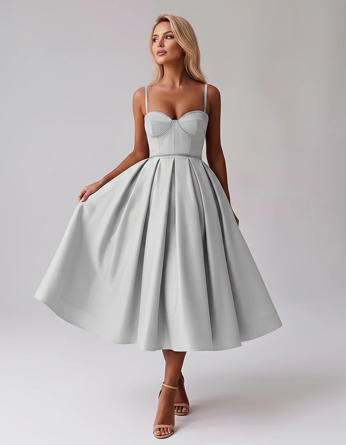 Tea Length Satin Spaghetti Strap Sweetheart A-Line Midi Dress for Party, Cocktail, Evening, Wedding Guest & Formal Events Sum | SKU: MD-482913750618392-SILVER-L,MD-482913750618392-SILVER-M,MD-482913750618392-SILVER-S,MD-482913750618392-SILVER-XL,MD-482913750618392-SILVER-XS