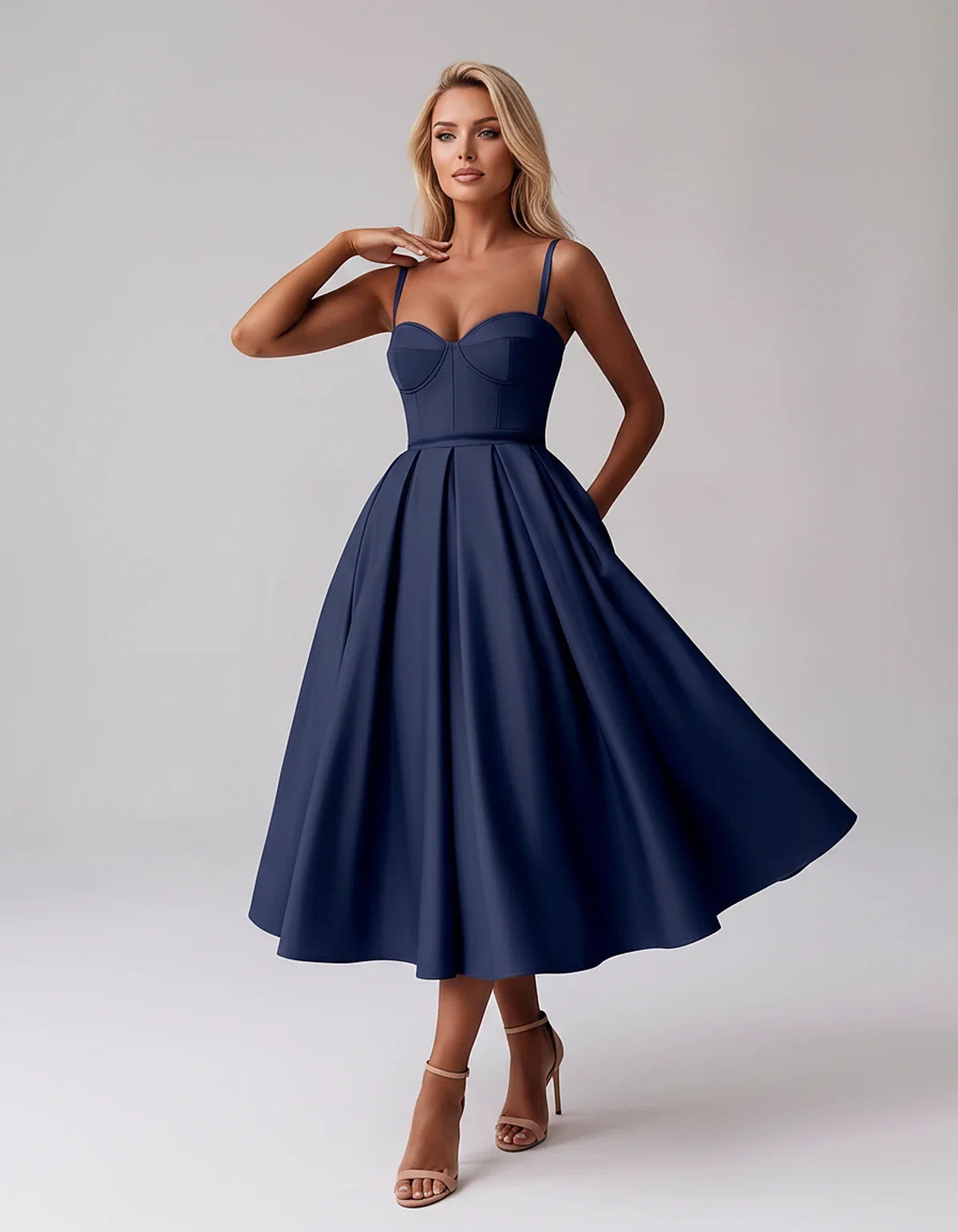 Tea Length Satin Spaghetti Strap Sweetheart A-Line Midi Dress for Party, Cocktail, Evening, Wedding Guest & Formal Events Sum | SKU: MD-482913750618392-NAVY-L,MD-482913750618392-NAVY-M,MD-482913750618392-NAVY-S,MD-482913750618392-NAVY-XL,MD-482913750618392-NAVY-XS