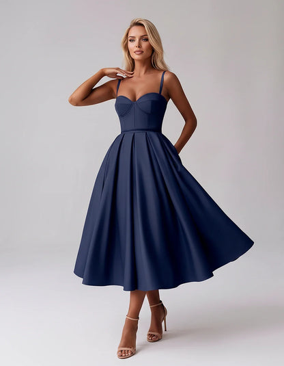 Tea Length Satin Spaghetti Strap Sweetheart A-Line Midi Dress for Party, Cocktail, Evening, Wedding Guest & Formal Events Sum | SKU: MD-482913750618392-NAVY-L,MD-482913750618392-NAVY-M,MD-482913750618392-NAVY-S,MD-482913750618392-NAVY-XL,MD-482913750618392-NAVY-XS