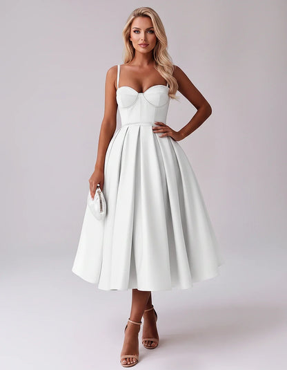Tea Length Satin Spaghetti Strap Sweetheart A-Line Midi Dress for Party, Cocktail, Evening, Wedding Guest & Formal Events Sum | SKU: MD-482913750618392-WHITE-L,MD-482913750618392-WHITE-M,MD-482913750618392-WHITE-S,MD-482913750618392-WHITE-XL,MD-482913750618392-WHITE-XS